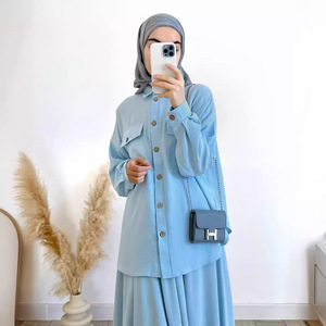 Ensemble chemise et jupe décontractés pour femme, coupe ample, manches longues, couleur unie vert paon et bleu ciel, tailles S, M, L, XL, XXL, élégant pour le quotidien - Product Image 3