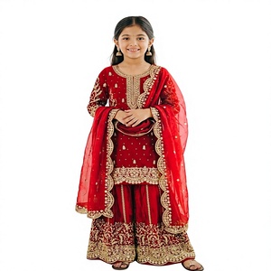 Traje Sharara de Moda para Niñas, Lujoso con Bordado Dorado, Color Rojo Granate, Estilo Pakistaní/Indio, para Fiestas y Eventos - Product Image 1