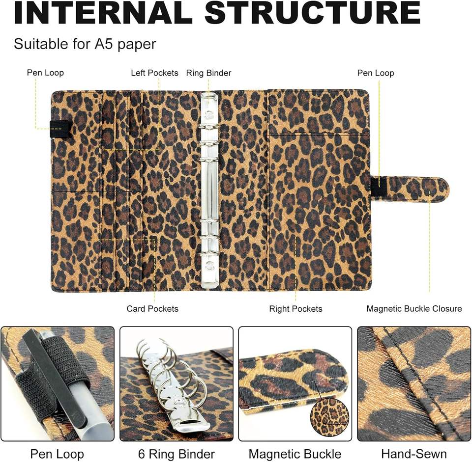 A5 Refillable 6-Ring Faux Leather Binder Leopard Pattern Planner ...