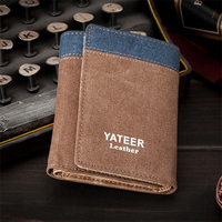 Dompet Pria YATEER Model Pendek Bahan Kanvas Kancing Tersembunyi Dompet Lipat Vintage Tempat Kartu Kredit Kantong Koin Resleting
