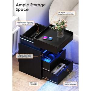 Turosur Nightstands Set Of 2 Black Modern <b>LED</b> Wireless Charging Smart <b>Bedside</b> <b>Table</b> With Drawer Storage For Bedroom - Product Image 3