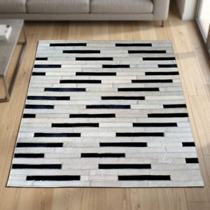 Tapis en cuir de vachette noir et blanc, patchwork, antidérapant, fait main, motif géométrique, moderne, décoratif, sur mesure, pour la maison - Product Image 3