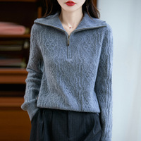 Shengrui Damen-Pullover mit Umlegekragen aus 100% Reiner Wolle, Lässig, Knitterfrei, für Herbst und Winter, Locker Geschnitten, Verdickt, Gestricktes Innenfutter