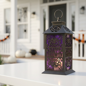 Decoración de Halloween 2026, Linterna de Cristal Morado y Metal Negro con Recorte de Feliz Halloween - Product Image 6