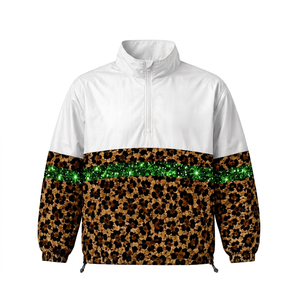 Unisex Leopard Print Quarter-<b>Zip</b> Windbreaker Jacket Green Glitter Stripe Sporty Style Polyester Material Winter ODM Finished - Product Image 1