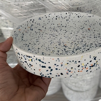 Piring Keramik Terrazzo Berbintik, Mangkuk Salad Batu Alam Bulat untuk Dapur, Rumah, Restoran, Peralatan Makan