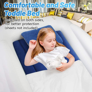 <b>Inflatable</b> Baby Travel Air Mattress With Guardrail <b>Toddler</b> Size White And Blue Folding Portable <b>Bed</b> For Kids - Product Image 2
