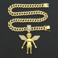 Collier Pendentif Bébé Ange Sertie de Zircons, Chaîne Cubaine Plaqué Or Entièrement Pavée de Zircons, Bijoux Hip Hop Bling pour Unisexe