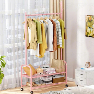Pink <b>Metal</b> Clothing <b>Rack</b> With Double Tier Storage <b>Shelf</b> Movable Design For Living Room Modern Style - Product Image 3