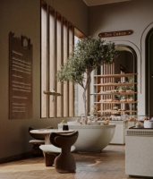 Service de design d'intérieur de café vintage en bois, rénovation personnalisée de boulangerie-café avec comptoir de bar de luxe