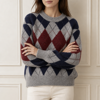 Pull en tricot Argyle personnalisé pour femme, col rond, gris, marine, bordeaux, mélangé, OEM ODM Factory