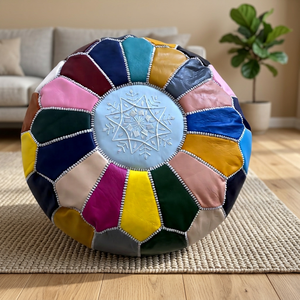 Handmade Genuine Leather <b>Moroccan</b> Pouf Ottoman Bohemian Style Indoor <b>Floor</b> <b>Cushion</b> Living Room Decor Multi Color Patchwork - Product Image 3