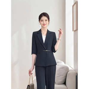 Women's Two Piece Suit Set Mid Sleeve Blazer Trousers Black Formal Anti Wrinkle Commute Spring Summer Autumn - Product Image 2