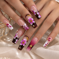 Ongles à presser floraux violets faits à la main, fleurs 3D, accent doré bordeaux, ongles en acrylique, finition brillante, 10 pièces, vente en gros