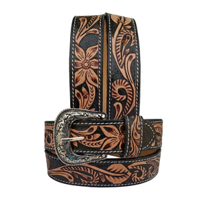 Premium Western Genuine Leather <b>Belt</b> Floral Pattern <b>Silver</b> Alloy Pin <b>Buckle</b> Durable Casual Style Hand Tooled Leather <b>Belt</b> - Product Image 1