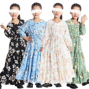 2023 Südostasien islamisches Kleid Kinderkleid arabisch Dubai jalabiya blumendruck muslimische Kinder Abayas Mädchenkleider