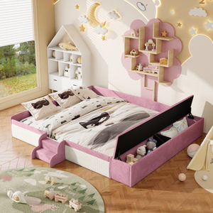Sofá Cama Moderno Tapizado en Terciopelo Ecológico con Escaleras, Almacenamiento con Elevación a Gas, Otomana y Barandillas Acolchadas en Contraste Rosa+Blanco - Product Image 1