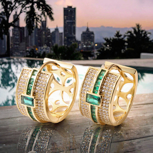 Gold Color <b>Clip</b>-<b>on</b> Hoop <b>Earrings</b> Green Zircon Cubic Zirconia Double Row Statement Jewelry for Women Party - Product Image 3