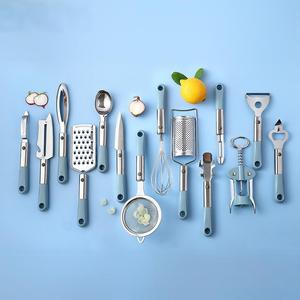 Juego <span class=keywords><strong>de</strong></span> 14 utensilios <span class=keywords><strong>de</strong></span> cocina azul macaron: batidor, sacacorchos, cuchara para helado, rallador, pelador, tamiz, utensilios para hornear, ligeros - Product Image 2