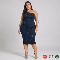 Robe moulante personnalisée grande taille pour femme, en maille extensible, asymétrique à une épaule, bleu marine uni, longueur midi, pour soirée et club, OEM ODM, du AU 14 au 28