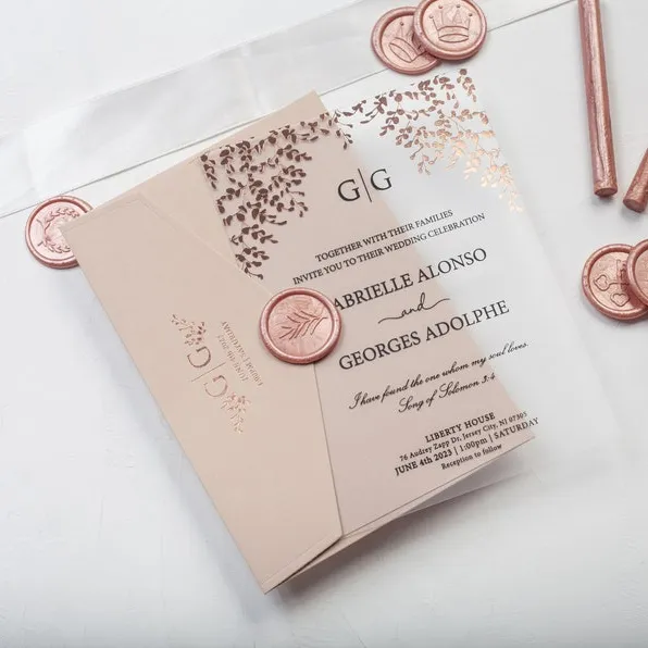 Yüksek kaliteli benzersiz gül altın akrilik davetiyeleri düğün davetiyesi kart tatlı evlilik QR kod düğün kartları davetiyesi