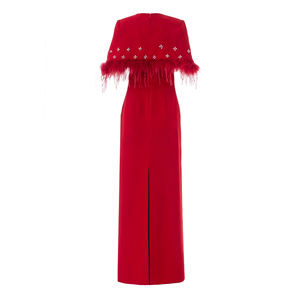Elegante Abito da <span class=keywords><strong>Donna</strong></span> Rosso con Piume, Collo Tondo, Maniche Corte, Decorazioni di Perle e Foglie, Lunghezza alla Caviglia, Formale ed Elegante - Product Image 3