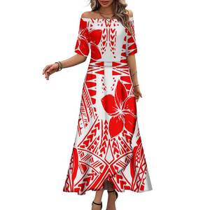 パシフィックIsalndアートデザイン女性ドレスカスタムロゴハワイアンフラワープリントオフショルダーマキシプロムパーティーロングドレス夏のドレス - Product Image 1