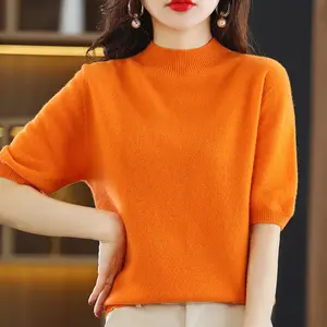 Neue Mode Damen Mädchen mittelsärmlige Pullover-Bluse halbe Ärmel solide Farbe gestrickt slim lässige Pullover-Bekleidung