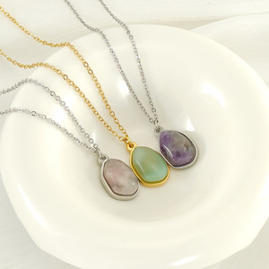 Colliers avec pendentifs en pierre naturelle, en acier inoxydable, quartz rose irrégulier, jade, améthyste, collier avec pierres précieuses pour femmes - Product Image 4
