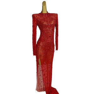 Vestido largo de manga larga rojo para Banquete de cumpleaños con diamantes de imitación, traje de Club para mujer, vestido de noche ajustado hasta el suelo con abertura para graduación - Product Image 2