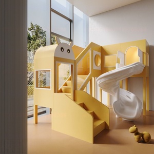 Structure de jeu intérieure moderne et minimaliste jaune et blanche avec maisonnette <span class=keywords><strong>lapin</strong></span>, escaliers et toboggan en spirale pour <span class=keywords><strong>garderie</strong></span> - Product Image 1