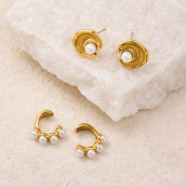 MYNECK Hot Jewelry 18k PVD Gold Plated Stainless Steel Neo Gothic Hawaiian Accessories Pearl Ear Clip Earrings for Cool Girl
