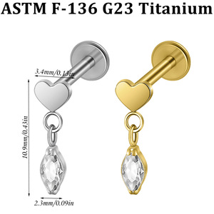 Pendientes de titanio F136 G23 con circonita en forma de corazón y marquesa, con rosca interna y parte trasera plana, <span class=keywords><strong>para</strong></span> perforaciones en oreja y labio, joyería de moda. - Product Image 3