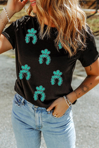 Dear-Lover <span class=keywords><strong>T</strong></span>-<span class=keywords><strong>shirt</strong></span> à paillettes à motif <span class=keywords><strong>turquoise</strong></span> occidental noir pour femmes en gros - Product Image 3