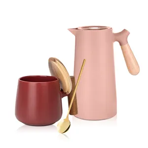 1.0 L Plastic Outer with Pink Glass Inner Vacuum Jug Wooden Handle Coffee Tea Pot Nordic Vacuum Flask Classic Coffee Jug