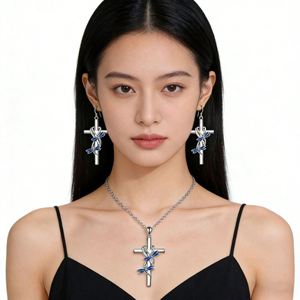 Female Crystal White Blue Zircon Stone Butterfly Cross Pendant Necklace Earrings Vintage Silver Color Wedding Jewelry for Women - Product Image 2