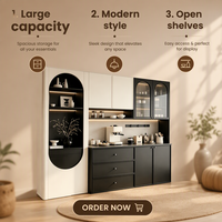 Buffet intégré minimaliste moderne avec niche de présentation cintrée, armoire sans poignée pour salle à manger de luxe ou villa
