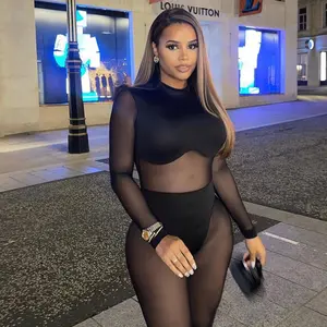 BOYI 2024 New Arrival Long Sleeve Mesh See Through Sexy Slim Fitted One Piece Jumpsuit for Women