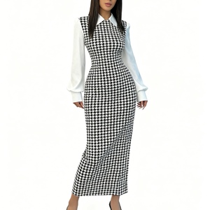 Vestidos Elegantes Ajustados con Mangas Abullonadas y Estampado de Pata de Gallo para Mujer - Product Image 1