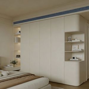 Armoire moderne simple à finition brillante |   Design intégré beige + étagères latérales |   Meubles de rangement pour vêtements de chambre à coucher sur mesure - Product Image 2