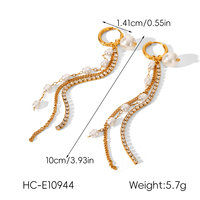 Boucles d'oreilles pendantes longues H&C Bohemia plaquées or 18 carats avec perles et zircons, en acier inoxydable, pour femmes