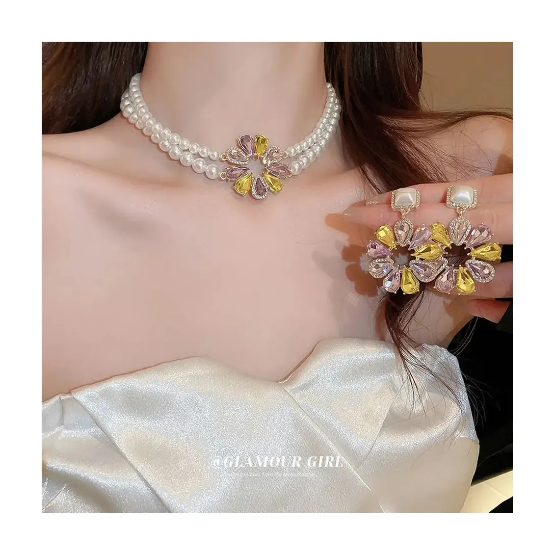 2024 mới sang trọng đầy màu sắc pha lê ngọc trai hoa Choker Vòng cổ và bông tai Bộ đồ trang sức cho đám cưới