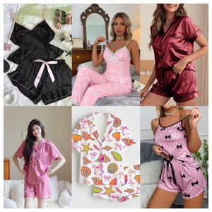 Conjunto de Pijama de Seda de 2 Piezas para Mujer, Estilo Lindo, Corte Regular, Manga Corta, Estampado de Cerezas, Ropa de Dormir Suave para Verano - Product Image 6