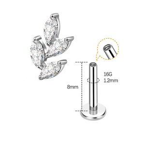 Piercing en Titane Biocompatible ASTM <span class=keywords><strong>F</strong></span> 136 à Filetage Interne 16G 18G avec Zircon Cubique (CZ) en Forme de Feuille pour Oreille, Tragus, Cartilage, Hélix, Conch - Product Image 3