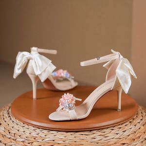 Sandales à talons hauts pour femmes, 6CM/8CM, pour fêtes et mariages, avec perles et fleurs - Product Image 3