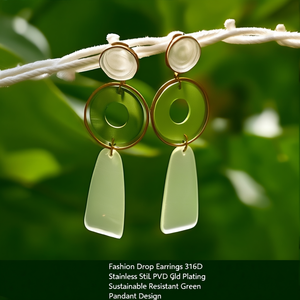 Boucles d'oreilles pendantes tendance en acier inoxydable 316L plaqué or PVD, design pendentif cercle vert durable et résistant - Product Image 3