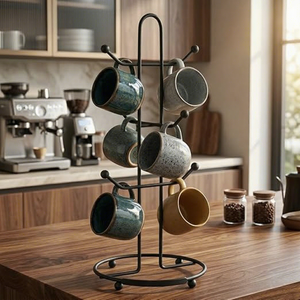 Support à tasses métallique à trois niveaux avec support rotatif à 360° pour rangement de cuisine, design circulaire moderne, type sur pied - Product Image 6