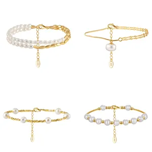 New Arrival Dainty Classic Adjustable 14K Gold Plated 925 Sterling Silver Cultured Freshwater Pearl Bracelets For Women Girl