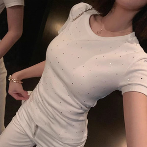 American Heavy Industries Full Diamond T-<b>shirt</b> <b>Women's</b> <b>Short</b> <b>Sleeve</b> Summer New Design Sense Slim <b>White</b> Top - Product Image 5