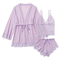 Ensemble de lingerie 3 pièces pour femme 2026, dentelle violette, maille transparente, robe + bralette + short, ensemble pyjama d'été trois pièces